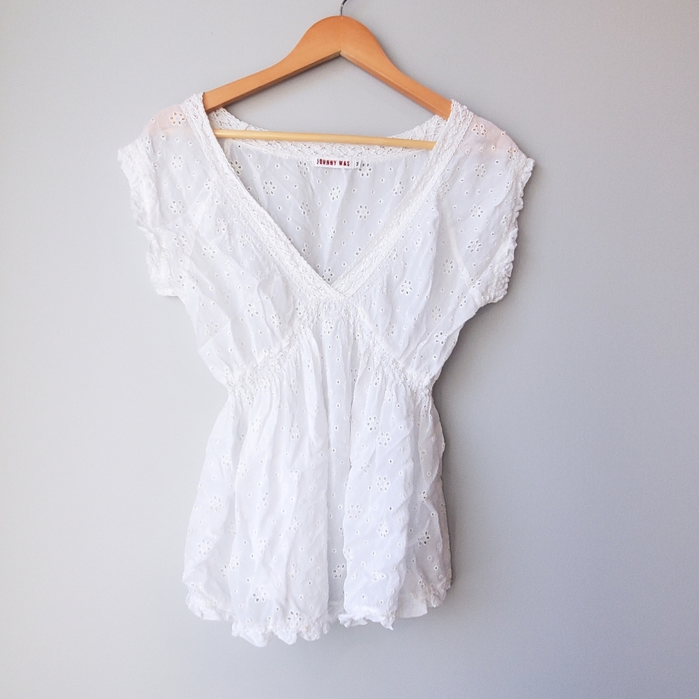 Johnny Was Floral White Eyelet Lace Babydoll Top